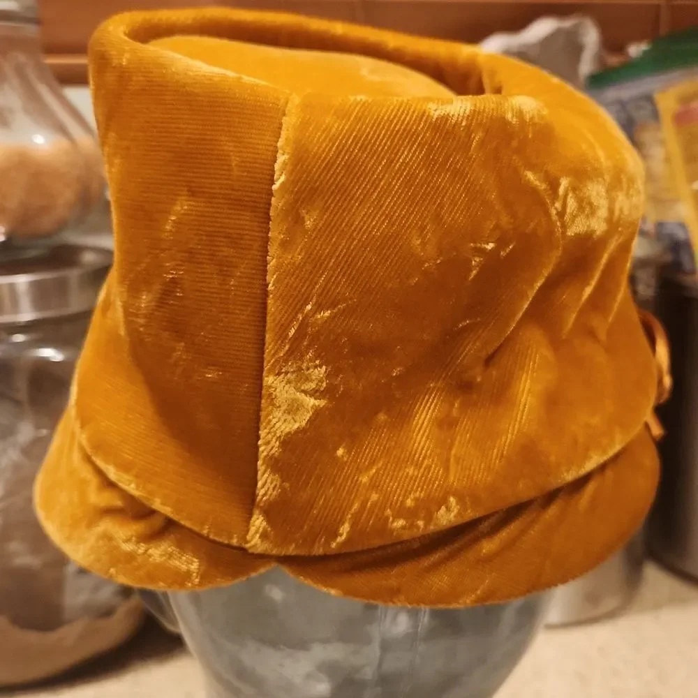 Vintage Gold Velvet Hat with Feather Accent Union Made